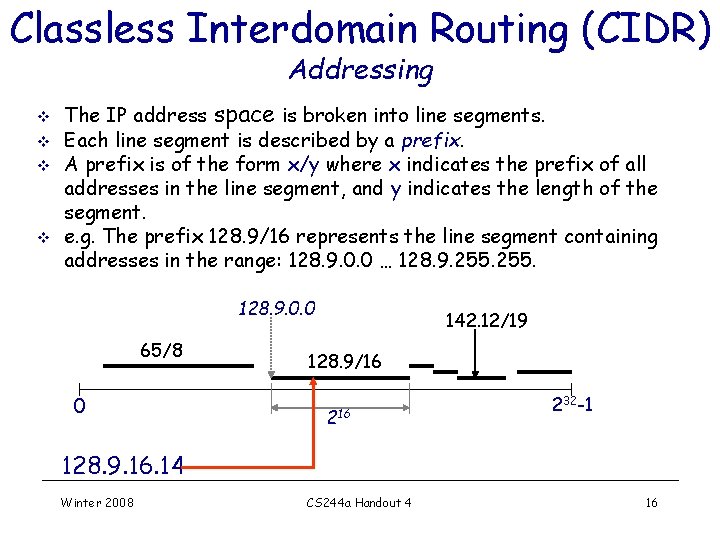 Classless Interdomain Routing (CIDR) Addressing v v The IP address space is broken into Classless Interdomain Routing (CIDR) Addressing v v The IP address space is broken into