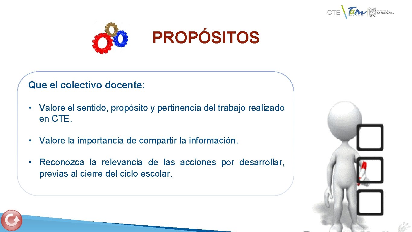 CTE PROPÓSITOS Que el colectivo docente: • Valore el sentido, propósito y pertinencia del