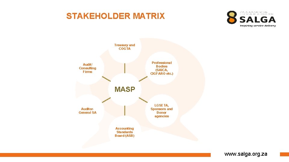 STAKEHOLDER MATRIX Treasury and COGTA Professional Bodies (SAICA, CIGFARO etc. ) Audit/ Consulting Firms