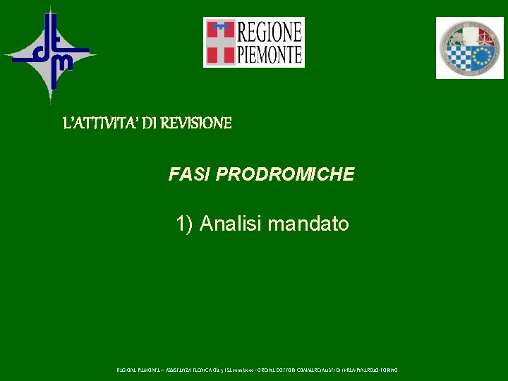 L’ATTIVITA’ DI REVISIONE FASI PRODROMICHE 1) Analisi mandato REGIONE PIEMONTE – ASSISTENZA TECNICA Ob.