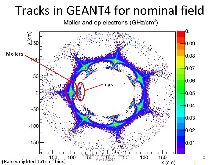 Tracks in GEANT 4 for nominal field Mollers eps (Rate weighted 1 x 1