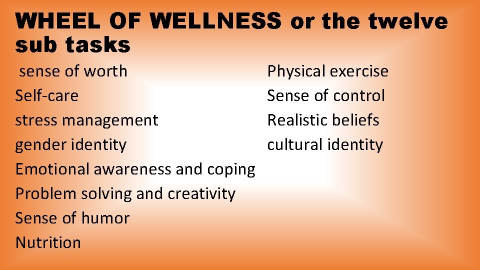 WHEEL OF WELLNESS or the twelve sub tasks sense of worth Self-care stress management