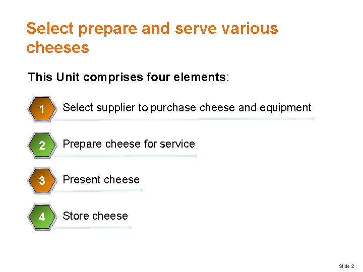 Select prepare and serve various cheeses This Unit comprises four elements: 1 Select supplier