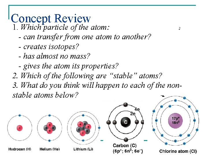 Concept Review 1. Which particle of the atom: 2 - can transfer from one
