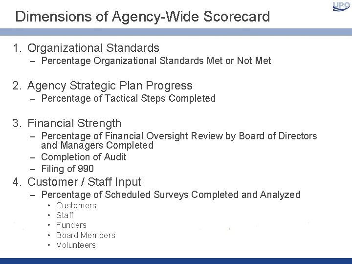 Dimensions of Agency-Wide Scorecard 1. Organizational Standards – Percentage Organizational Standards Met or Not