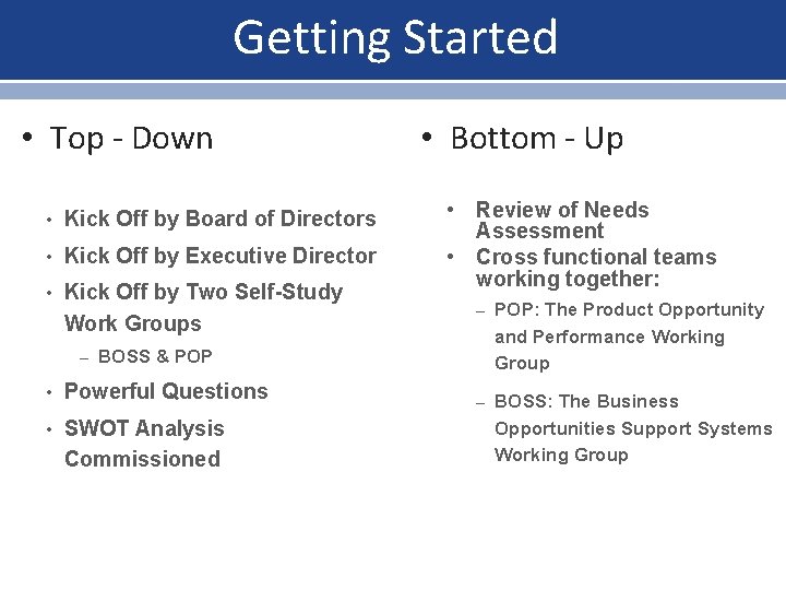 Getting Started • Top - Down Leadership • Kick Off by Board of Directors