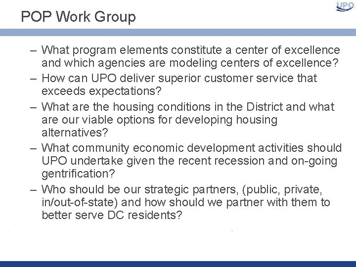 POP Work Group – What program elements constitute a center of excellence and which