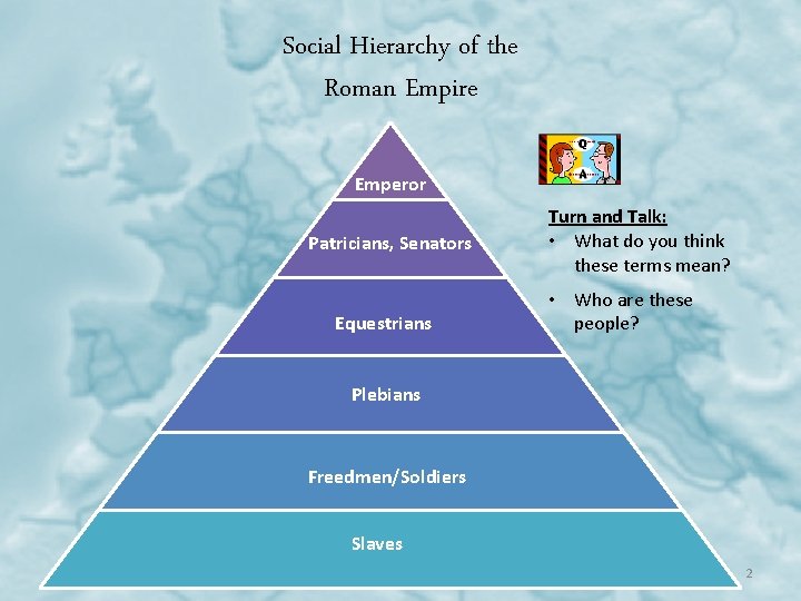 Social Hierarchy of the Roman Empire Emperor Patricians, Senators Equestrians Turn and Talk: •