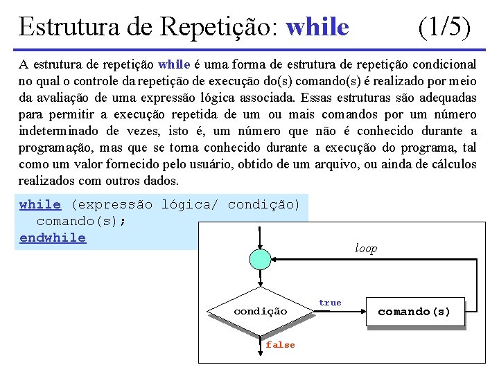 Estrutura de Repetição: while (1/5) A estrutura de repetição while é uma forma de