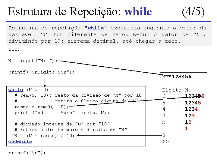 Estrutura de Repetição: while (4/5) Estrutura de repetição "while" executada enquanto o valor da