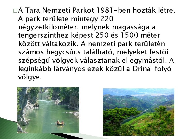 �A Tara Nemzeti Parkot 1981 -ben hozták létre. A park területe mintegy 220 négyzetkilométer,
