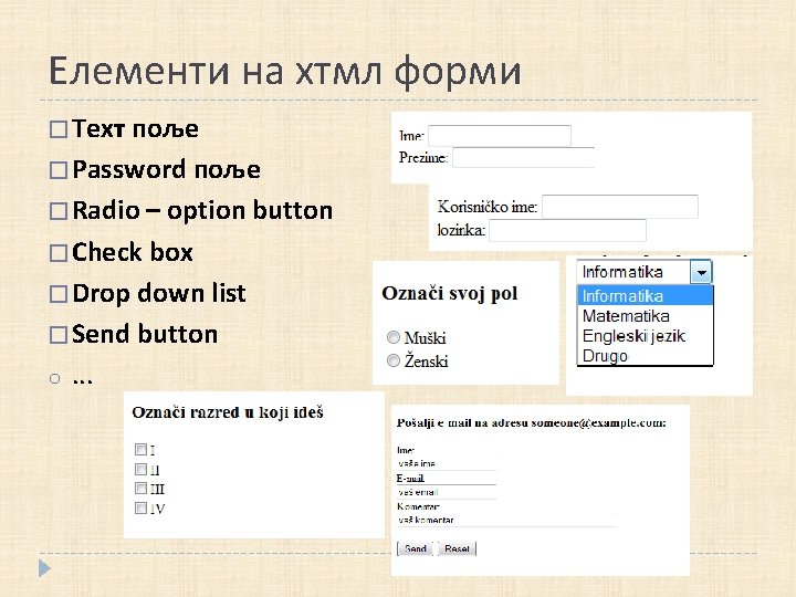Елементи на хтмл форми � Теxт поље � Password поље � Radio – option