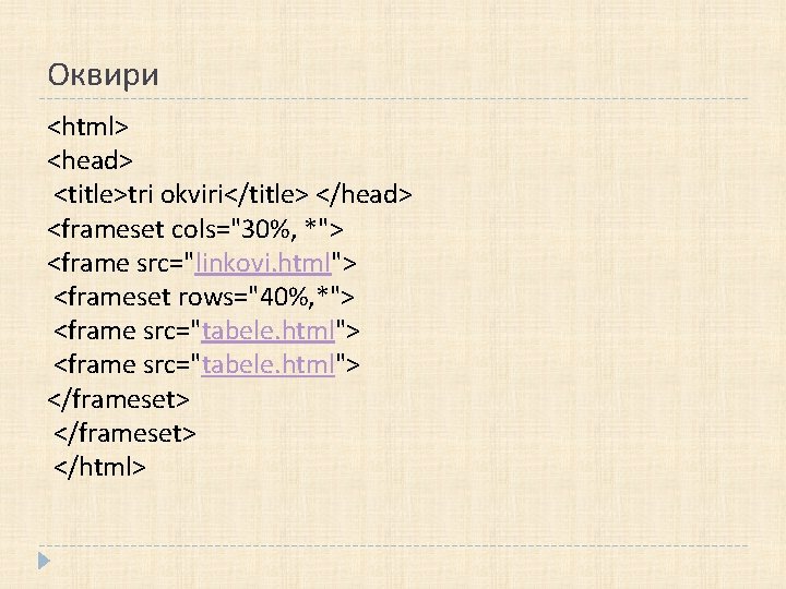 Оквири <html> <head> <title>tri okviri</title> </head> <frameset cols="30%, *"> <frame src="linkovi. html"> <frameset rows="40%,