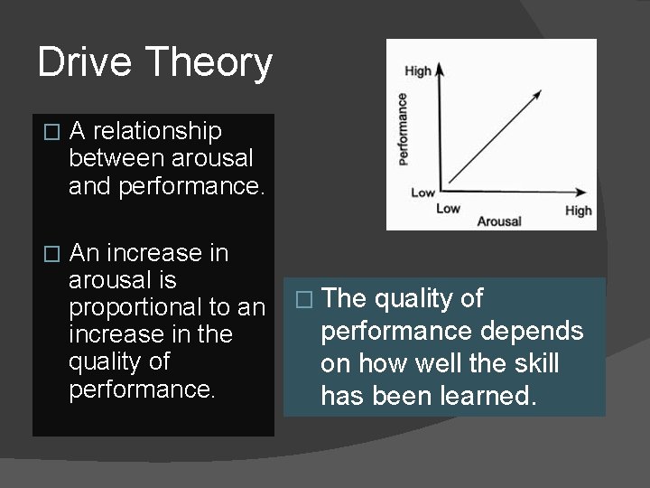 Drive Theory � A relationship between arousal and performance. � An increase in arousal