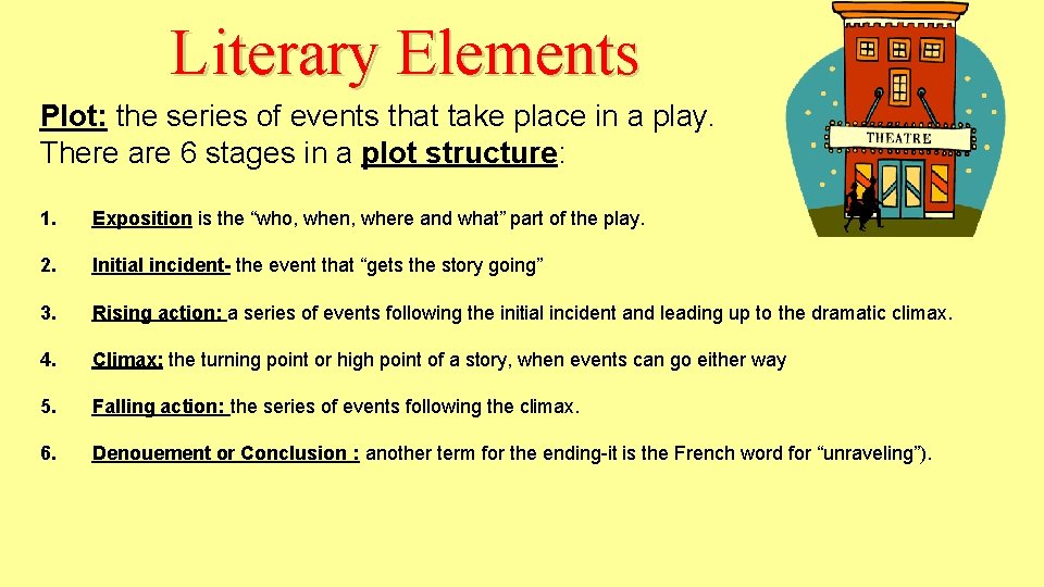 Literary Elements Plot: the series of events that take place in a play. There