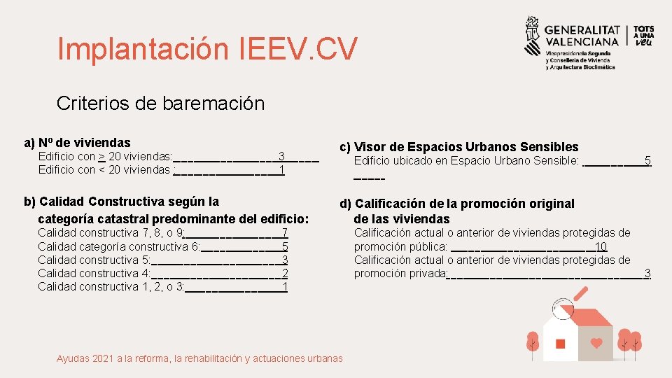 Implantación IEEV. CV Criterios de baremación a) Nº de viviendas Edificio con > 20