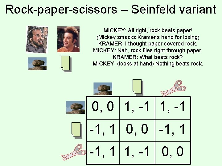 Rock-paper-scissors – Seinfeld variant MICKEY: All right, rock beats paper! (Mickey smacks Kramer's hand
