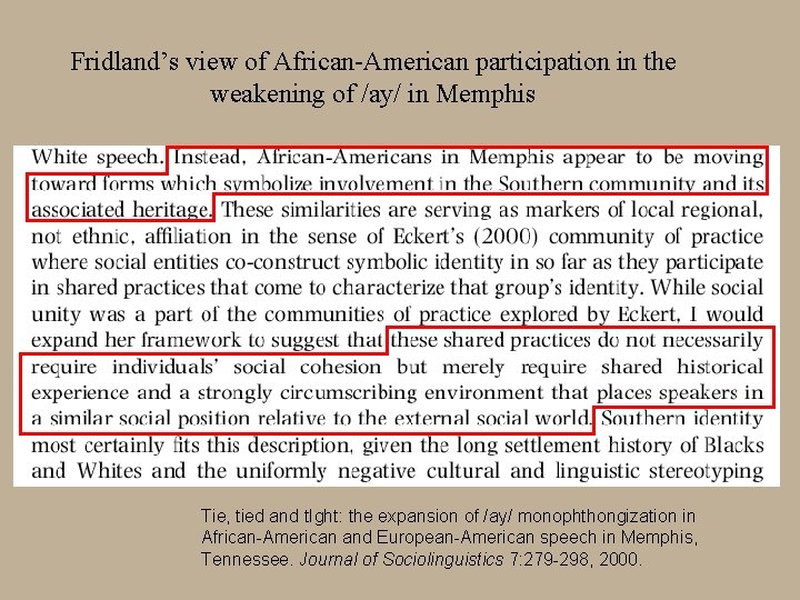 Fridland’s view of African-American participation in the weakening of /ay/ in Memphis Tie, tied