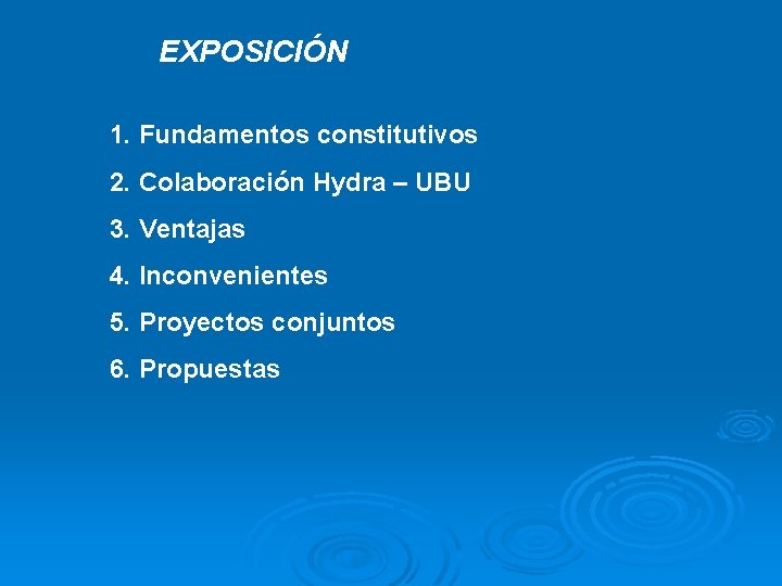 EXPOSICIÓN 1. Fundamentos constitutivos 2. Colaboración Hydra – UBU 3. Ventajas 4. Inconvenientes 5.