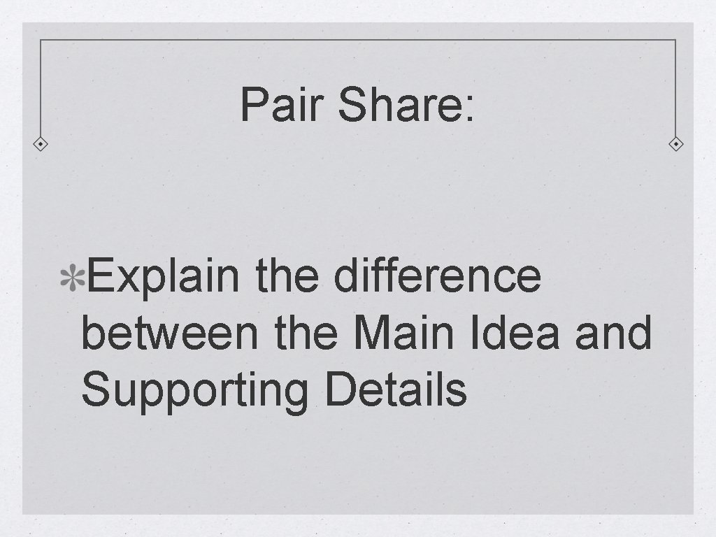 Pair Share: Explain the difference between the Main Idea and Supporting Details 