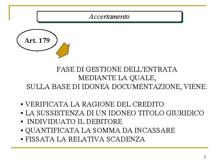 Accertamento Art. 179 FASE DI GESTIONE DELL'ENTRATA MEDIANTE LA QUALE, SULLA BASE DI IDONEA