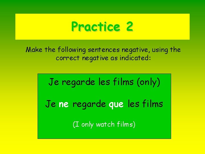 Practice 2 Make the following sentences negative, using the correct negative as indicated: Je