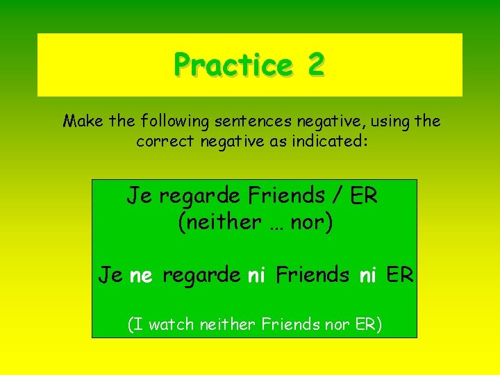 Practice 2 Make the following sentences negative, using the correct negative as indicated: Je