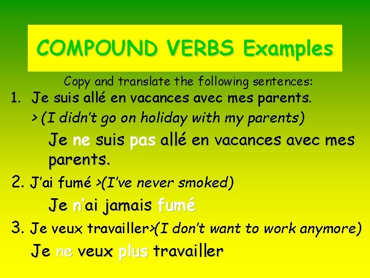 COMPOUND VERBS Examples Copy and translate the following sentences: 1. Je suis allé en