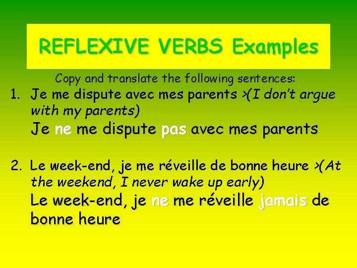 REFLEXIVE VERBS Examples Copy and translate the following sentences: 1. Je me dispute avec