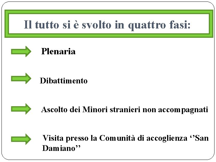 Il tutto si è svolto in quattro fasi: Plenaria Dibattimento Ascolto dei Minori stranieri