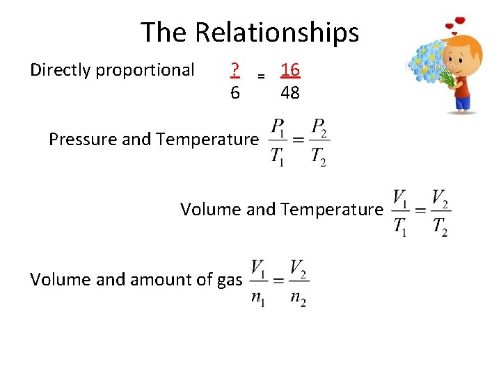 The Relationships Directly proportional ? 6 = 16 48 Pressure and Temperature Volume and