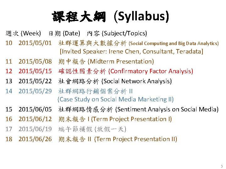 課程大綱 (Syllabus) 週次 (Week) 日期 (Date) 內容 (Subject/Topics) 10 2015/05/01 社群運算與大數據分析 (Social Computing and