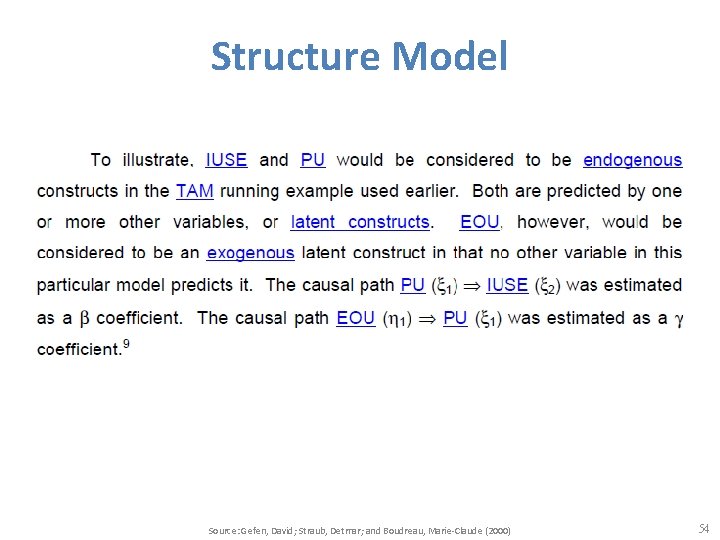 Structure Model Source: Gefen, David; Straub, Detmar; and Boudreau, Marie-Claude (2000) 54 