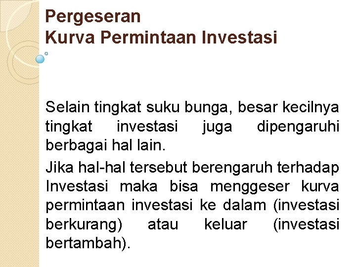 Pergeseran Kurva Permintaan Investasi Selain tingkat suku bunga, besar kecilnya tingkat investasi juga dipengaruhi