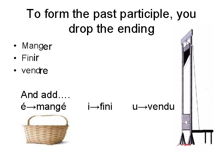 To form the past participle, you drop the ending • Manger • Finir •