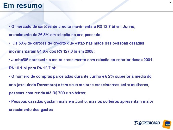 Em resumo • O mercado de cartões de crédito movimentará R$ 12, 7 bi