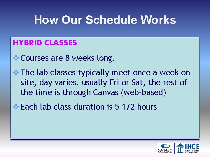 How Our Schedule Works HYBRID CLASSES v Courses are 8 weeks long. v The