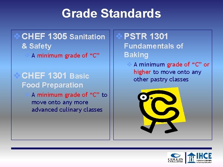 Grade Standards v CHEF 1305 Sanitation & Safety v A minimum grade of “C”
