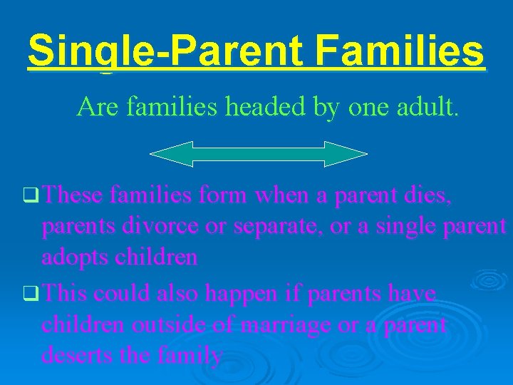 Single-Parent Families Are families headed by one adult. q These families form when a