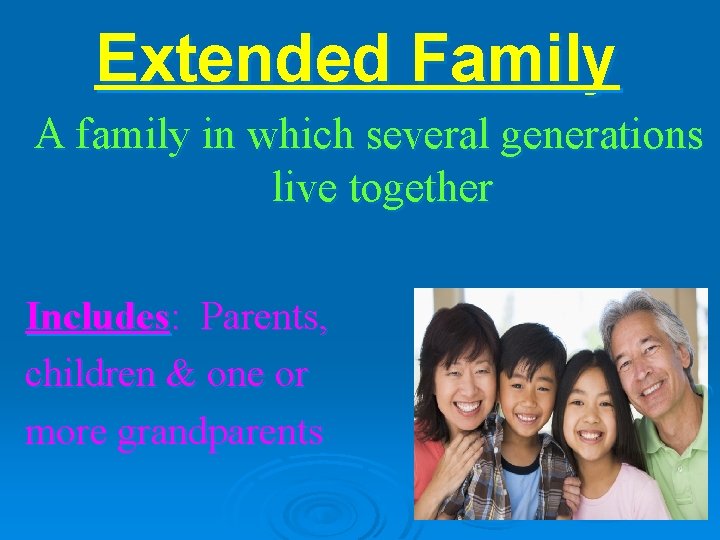 Extended Family A family in which several generations live together Includes: Parents, children &