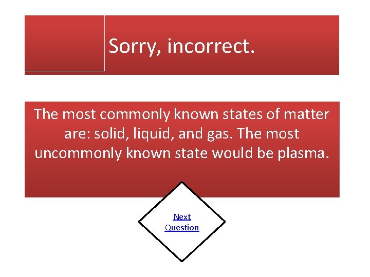 Sorry, incorrect. The most commonly known states of matter are: solid, liquid, and gas.