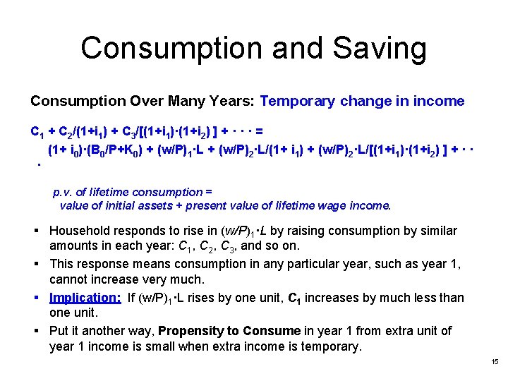 Consumption and Saving Consumption Over Many Years: Temporary change in income C 1 +