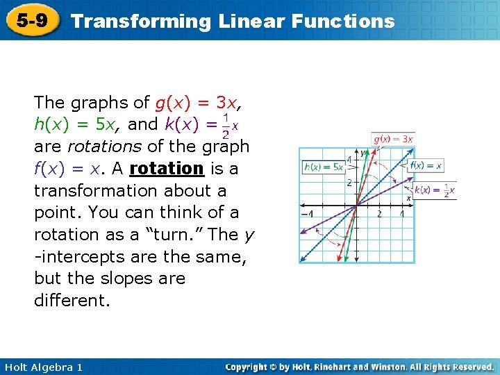 5 -9 Transforming Linear Functions The graphs of g(x) = 3 x, h(x) =