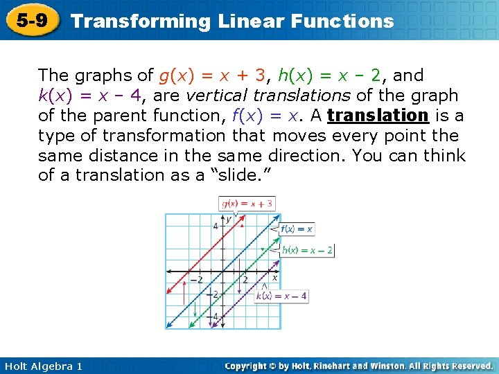 5 -9 Transforming Linear Functions The graphs of g(x) = x + 3, h(x)