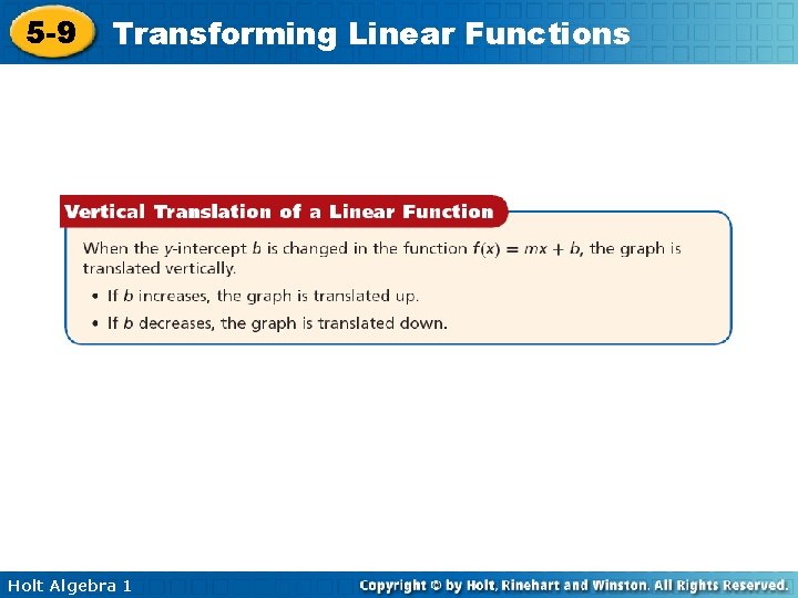 5 -9 Transforming Linear Functions Holt Algebra 1 