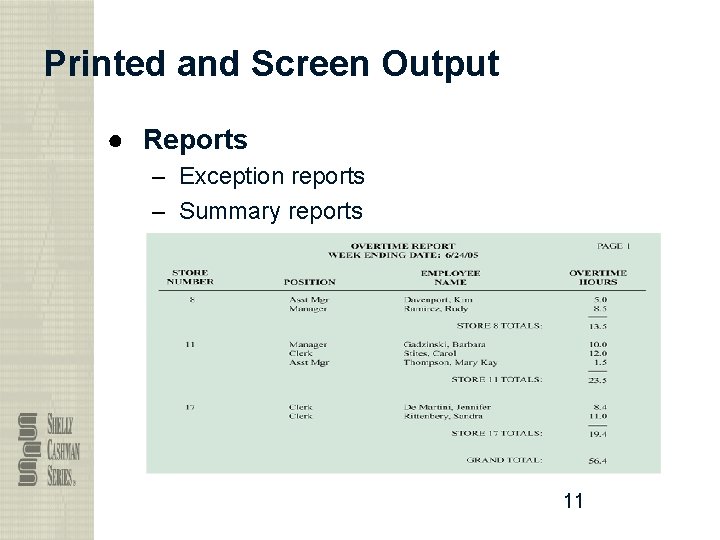 Printed and Screen Output ● Reports – Exception reports – Summary reports 11 