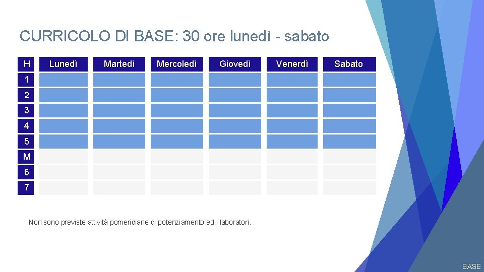 CURRICOLO DI BASE: 30 ore lunedì - sabato H Lunedì Martedì Mercoledì Giovedì Venerdì