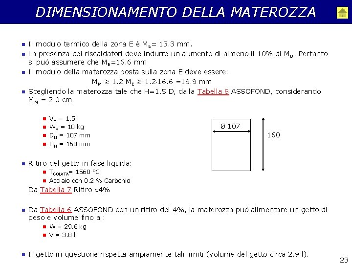 DIMENSIONAMENTO DELLA MATEROZZA n n Il modulo termico della zona E è ME= 13.