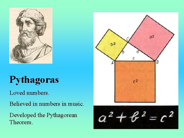 Pythagoras Loved numbers. Believed in numbers in music. Developed the Pythagorean Theorem. 