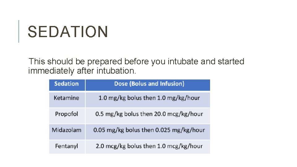 SEDATION This should be prepared before you intubate and started immediately after intubation. 